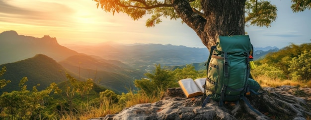 La mochila en la roca junto al árbol