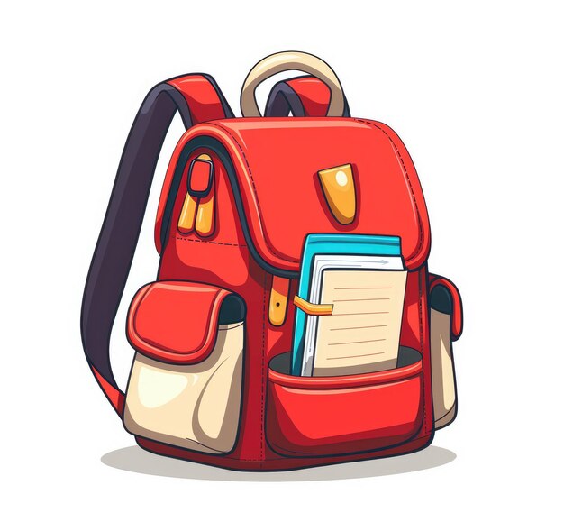 una mochila roja con un libro azul en ella que dice quot no quot