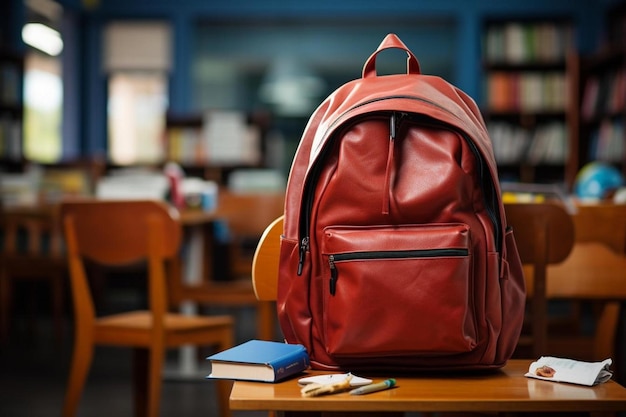 una mochila roja se sienta en una mesa con un libro y un libro en ella.