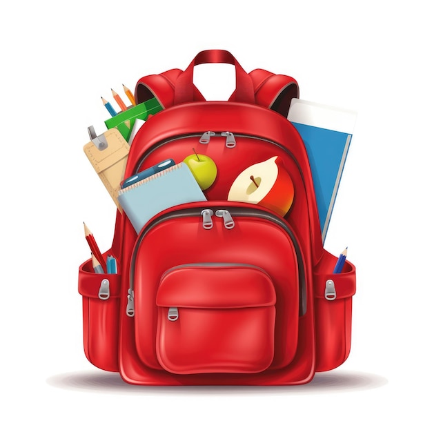 Mochila roja con útiles escolares IA generativa