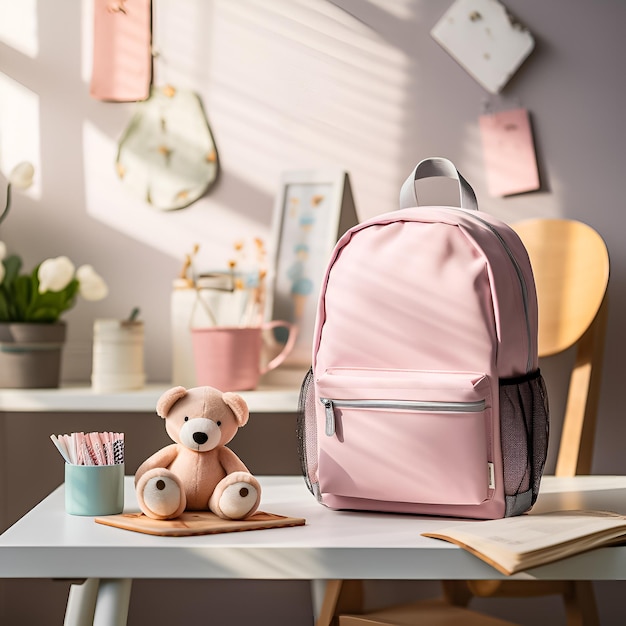 una mochila rosa se sienta en una mesa con un libro y un oso de peluche en la mesa.
