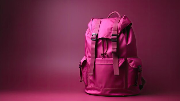 Una mochila rosa sobre un fondo rojo.