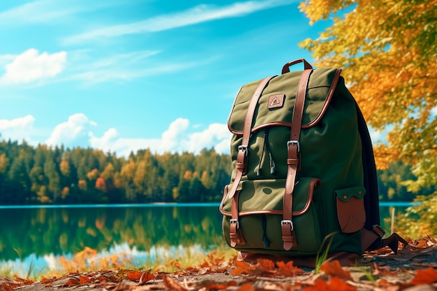 Una mochila de senderismo cerca de un hermoso lago Una caminata en la naturaleza Generada por IA