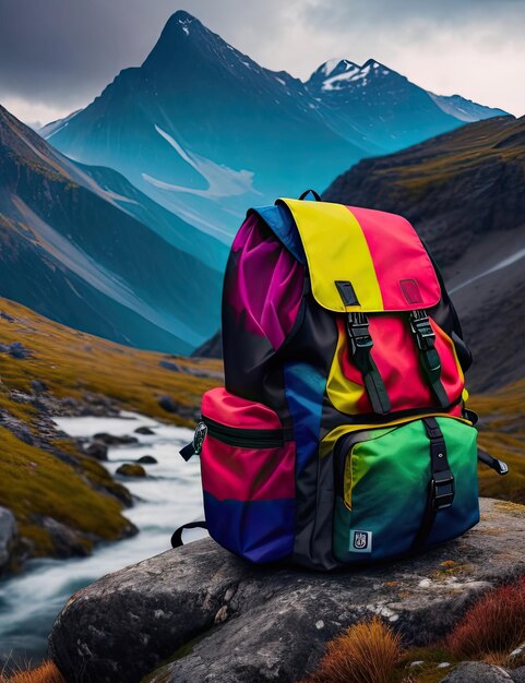 Mochila de senderismo en el fondo de un paisaje montañoso con un glaciar