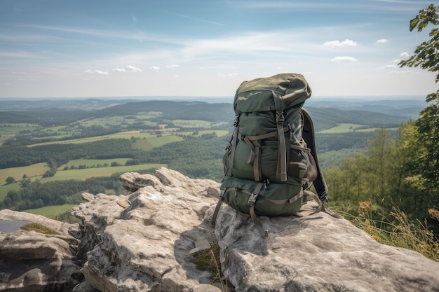 Mochila de senderismo en formación rocosa con vistas al paisaje circundante