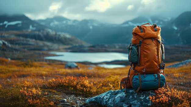 Una mochila sentada en una roca en un campo