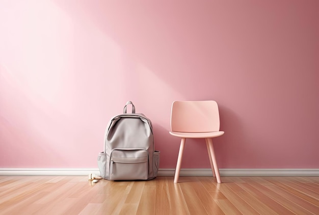 Mochila en sillón en interior minimalista con pared rosa y piso de madera.