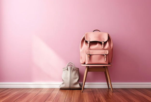 Mochila en sillón en interior minimalista con pared rosa y piso de madera.