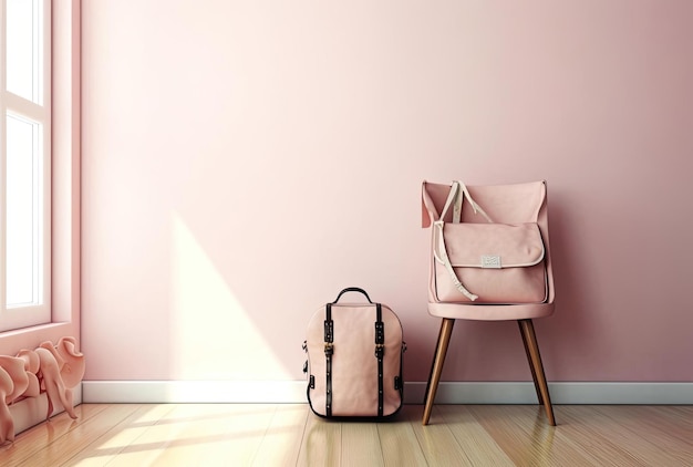 Mochila en sillón en interior minimalista con pared rosa y piso de madera.