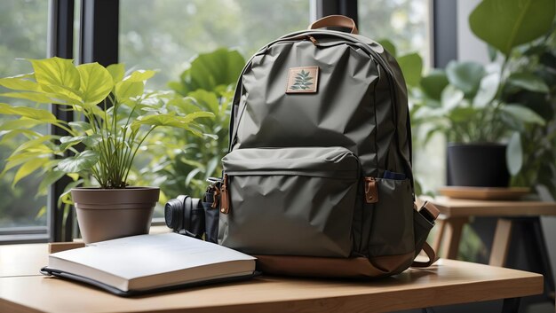 Mochila sobre la mesa junto a una planta en maceta