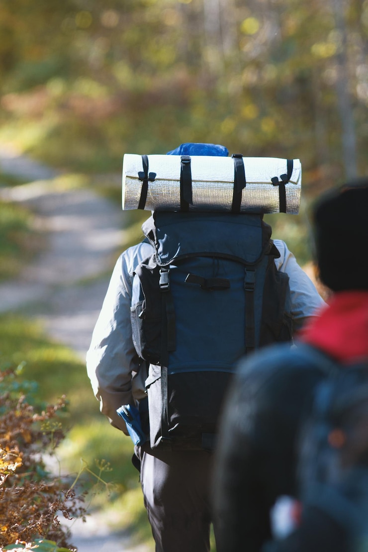Foto mochila - turistas caminhando na floresta de outono - vertcical