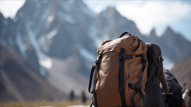 Mochila turística aislar picos de montaña fondo actividades al aire libre AI generado