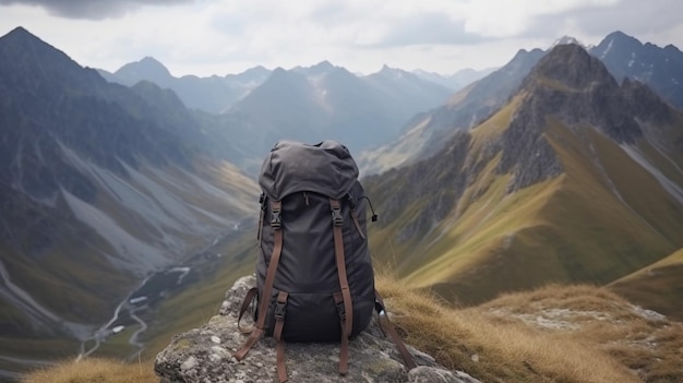 Mochila turística isola atividades ao ar livre de fundo de picos de montanha Maquete de banner de cabeçalho com espaço de cópia AI gerado