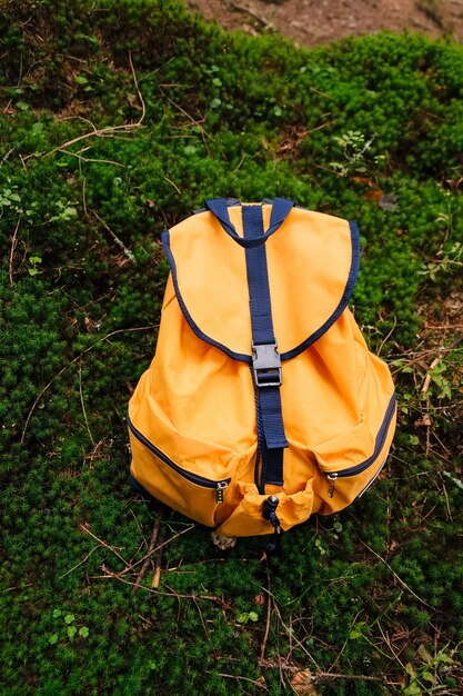 Mochila turística naranja en el bosque en tiempo de musgo verde para viajar concepto