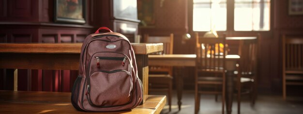 Mochila con útiles escolares en la mesa del salón de clases Creado con tecnología de IA generativa