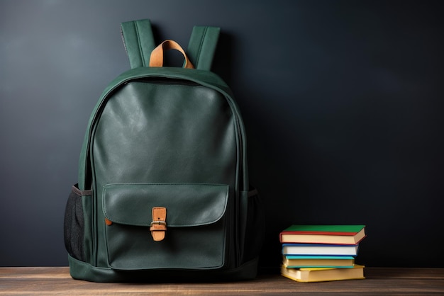 una mochila verde junto a una pila de libros