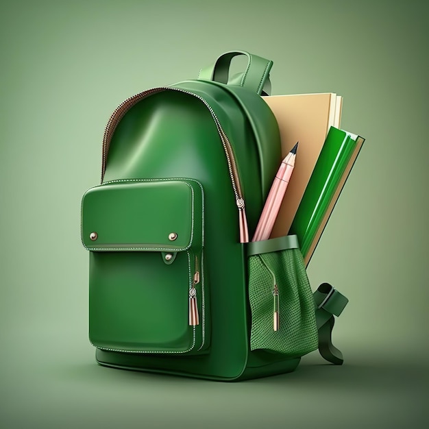 Una mochila verde con libros y lápices está sobre un fondo verde.