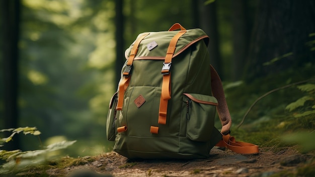 mochila verde no meio de uma floresta