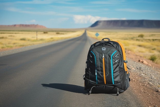La mochila del viajero se encuentra con la carretera asfaltada abierta iniciando su aventura épica.