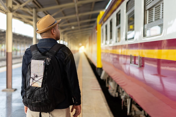 Mochila de viajero de hombre asiático joven en la estación de tren Sombrero de mochilero y chaqueta de mezclilla en el ferrocarril Concepto de viaje El concepto de un hombre que viaja solo