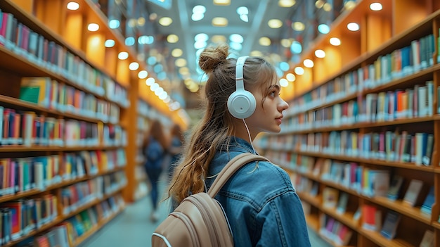 Mochilas e Livros Estudante universitário inteligente Refletindo Educação na Biblioteca IA geradora