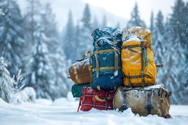 Mochilas y equipaje en un bosque nevado durante una aventura de invierno