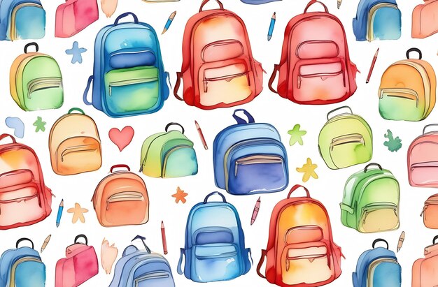 Foto mochilas escolares coloridas com padrão em fundo branco em breve para a escola