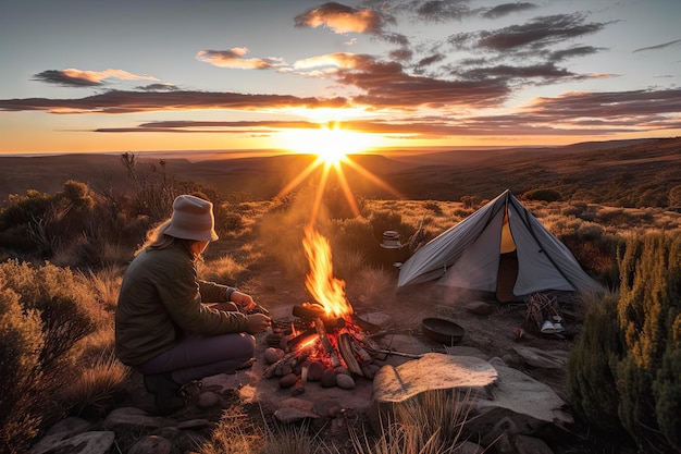 Mochileiro cozinhando em fogueira com vista para o pôr do sol criado com IA generativa