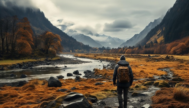 Mochileiro de IA generativo em turista de homem viajante de paisagem de outono com mochila caminhando nas montanhas