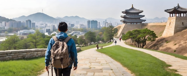 Foto mochileiro explorando o circuito histórico de suwon passeio ao redor da fortaleza de suwin hwaseong coreia do sul fotografia