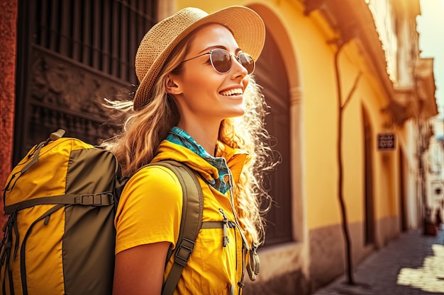 Foto mochileiro legal andando em uma rua colorida conceito de férias generative ai