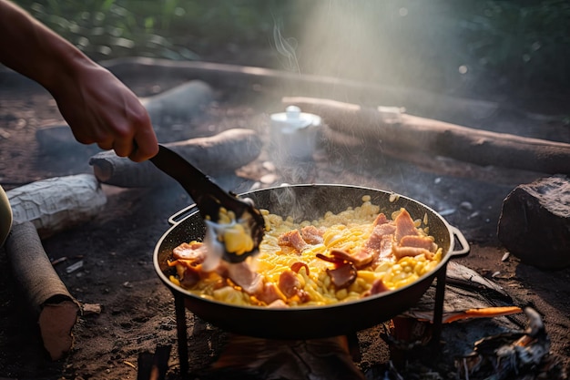 Mochileiro preparando o café da manhã com ovos mexidos e bacon em fogo aberto criado com ai generativa