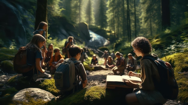 Foto mochileiros lendo um livro na floresta conceito de viagem