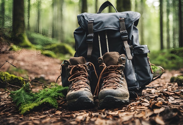 Mochilera y botas de senderismo en el bosque 1