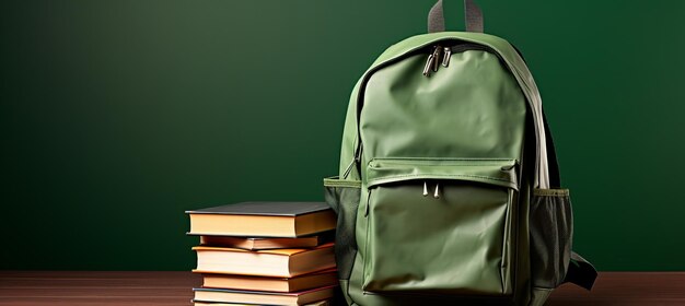 Mochilera escolar con libros sobre fondo verde concepto de regreso a la escuela con espacio para copiar