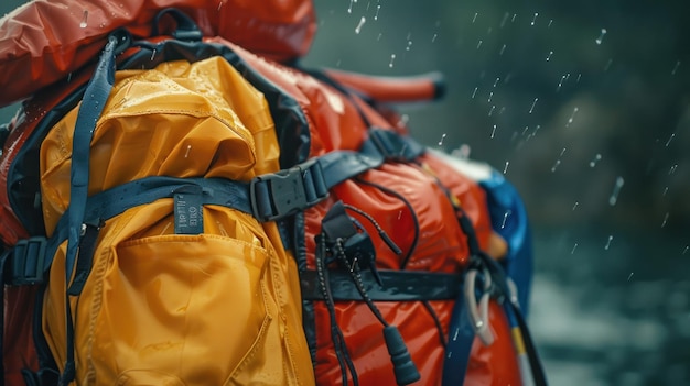 Mochilera impermeable que soporta el clima lluvioso Primer plano de una mochila impermeable duradera en colores vibrantes con gotas de agua visibles que soportan la lluvia durante una aventura al aire libre