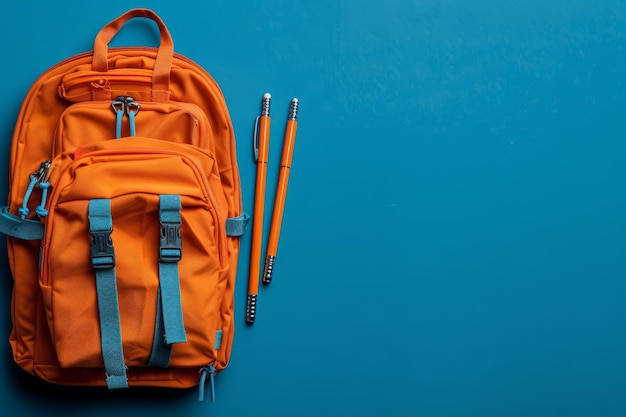 Mochilera naranja con detalles azules y dos lápices sobre un fondo azul