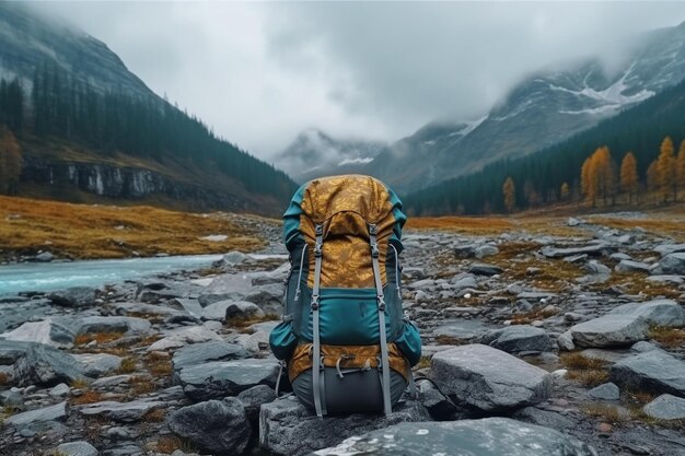 Mochilera para senderismo en el suelo en un campamento