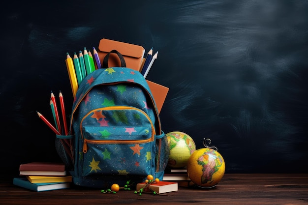 Foto mochilera con suministros escolares en una mesa de madera contra la pizarra concepto de regreso a la escuela mochileta con suministros educativos en un fondo de pizarra generada por ia