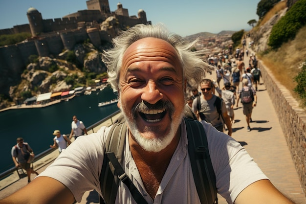 un mochilero anciano disfrutando de la Gran Muralla de China