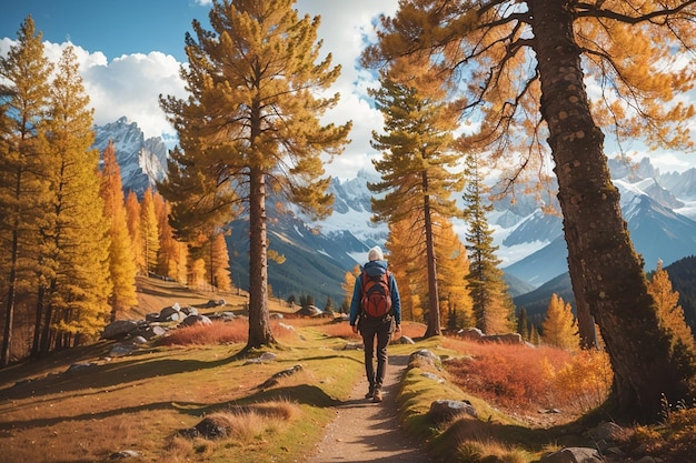 Mochilero caminando en el bosque de larizos de los Alpes franceses italianos colorida temporada de otoño tonificado y