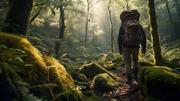 Un mochilero caminando a través de un denso bosque