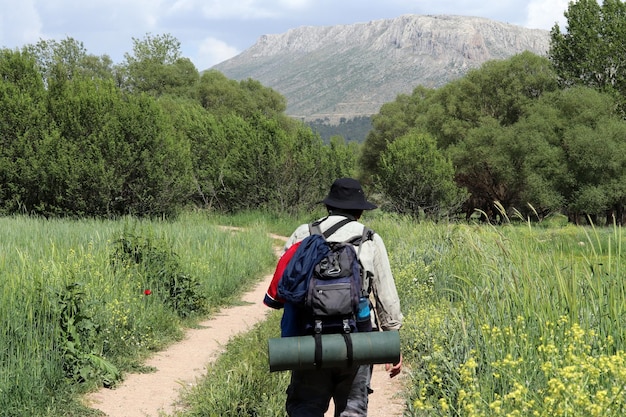 Mochilero caminando en zonas verdes Amantes de la naturaleza