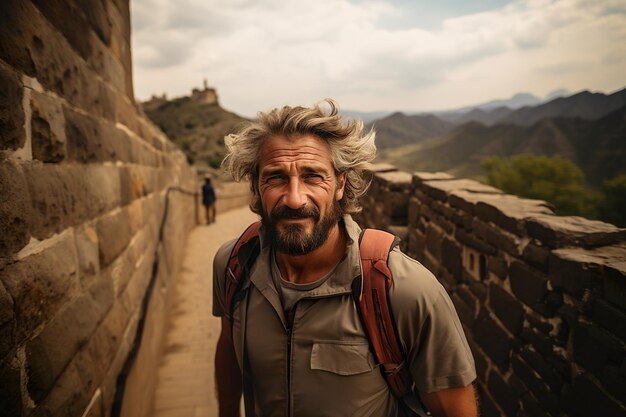 un mochilero disfrutando de la Gran Muralla China