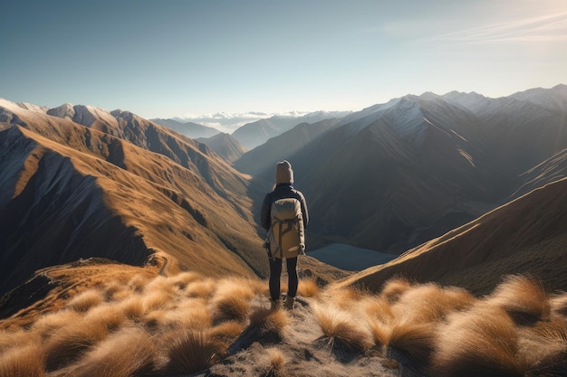 Un mochilero disfrutando de la vista en un sendero de montaña creado con IA generativa