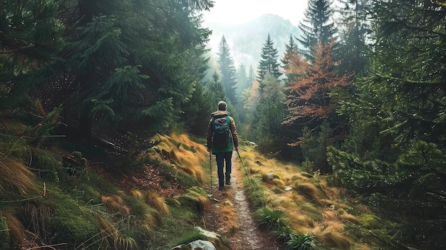 mochilero navegando por un sendero escarpado a través de un bosque espeso hacia un pico de montaña lejano