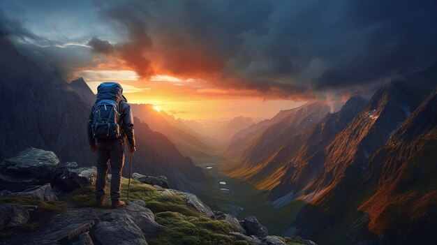 Mochilero de pie en un pico de la montaña al atardecer con vista panorámica del valle