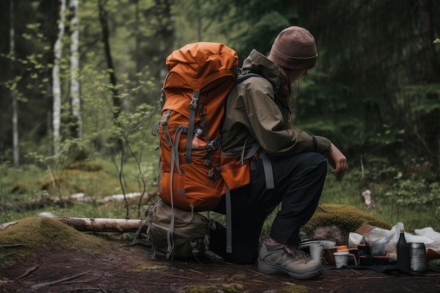 Mochilero preparándose para emprender una caminata con mochila y equipo esencial creado con IA generativa