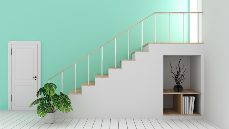 Foto mock-se sala vazia de hortelã com escada e decoração, estilo zen moderno