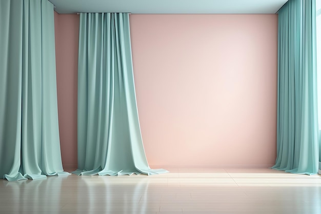 Mock up 3D rendering Aqua pared vacía en la habitación con cortinas de seda pastel plantilla para el producto